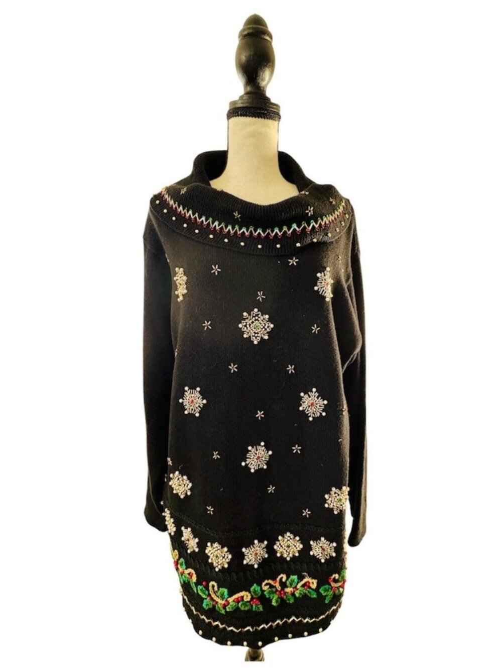 VTG B.P. Design Christmas Tunic Sweater Beaded Embroidered Snowflakes Size Large